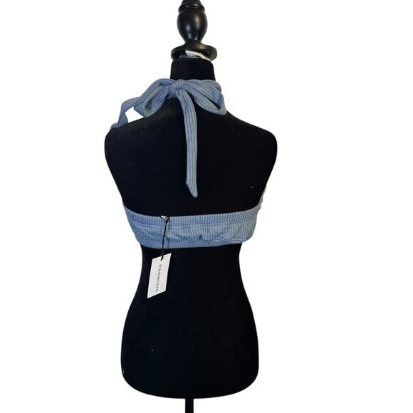 NWT WeWoreWhat Tie Halter Bra Top XS Wide Rib Storm Blue Cropped Crisscross $49 - Picture 3 of 6